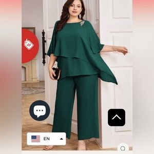 Hanna Nikole 18W 2ps Set Chiffon Top & Wide Leg Pants in Dark Green New